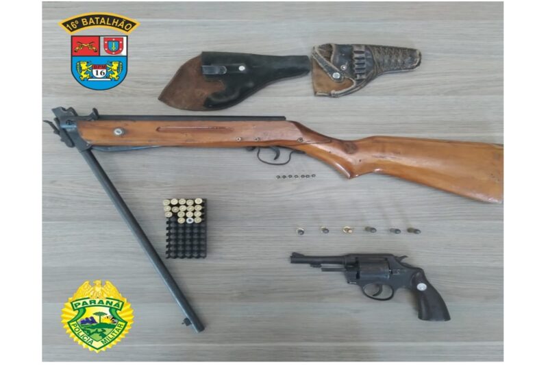  Preso em Pitanga com duas armas de fogo e munições após a PM acompanhar um Oficial de Justiça em busca e apreensão