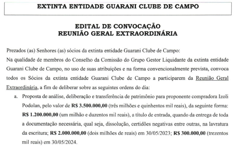  CONVOCAÇÃO – Para Reunião Geral Extraordinária do Guarani Clube de Campo de Pitanga