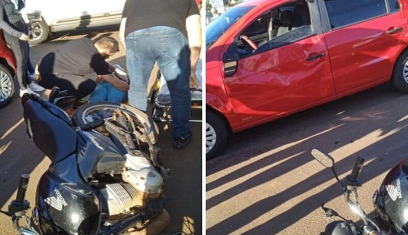  Acidente entre carro e moto em Laranjal resulta em duas pessoas feridas. Moto com débitos e o condutor sem CNH que foi recolhida pela PM