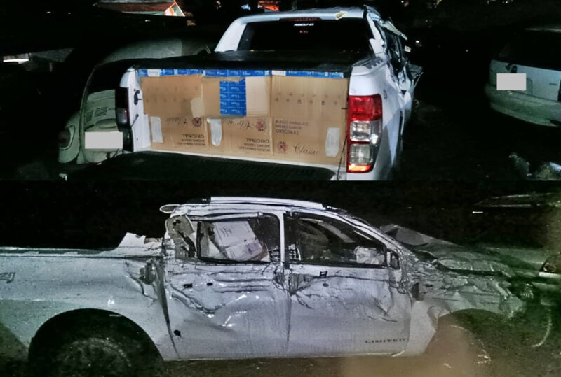  Caminhonete com cigarros e vinhos contrabandeados é apreendida após bater em um paredão de pedras e abandonarem