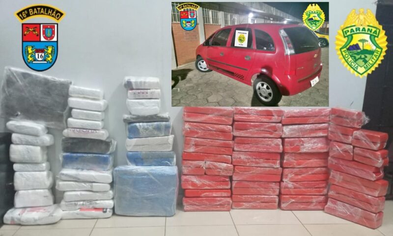  PM apreende na região de Guarapuava, mais de 91 quilos de maconha e um veículo com três pessoas que vinham de Foz do Iguaçu
