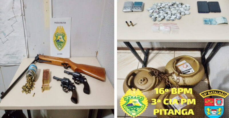  Presos em Pitanga após furto de um veículo que foi recuperado, armas e drogas apreendidas, e objetos de furto recuperados