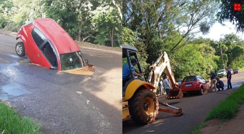  Aconteceu em Jaguapitã no Paraná. Asfalto cede e carro com pai e filho afunda em buraco