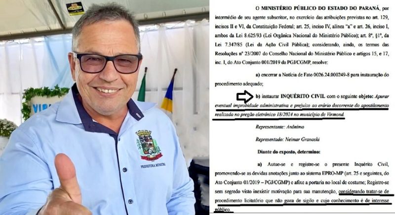  MPPR instaura um Inquérito Civil para investigar suposta fraude em licitação contra o ex-prefeito de Virmond