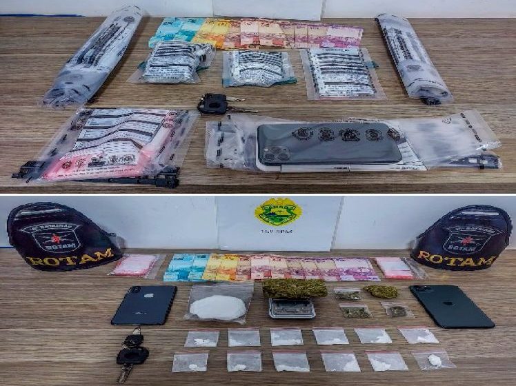 Preso, moça, drogas, dinheiro, celulares e veículo apreendidos em Pitanga