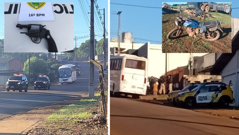  Em cumprimento de Reintegração de Posse em Santa Maria do Oeste, PM apreende arma de fogo, moto furtada, e uma com chassi adulterado